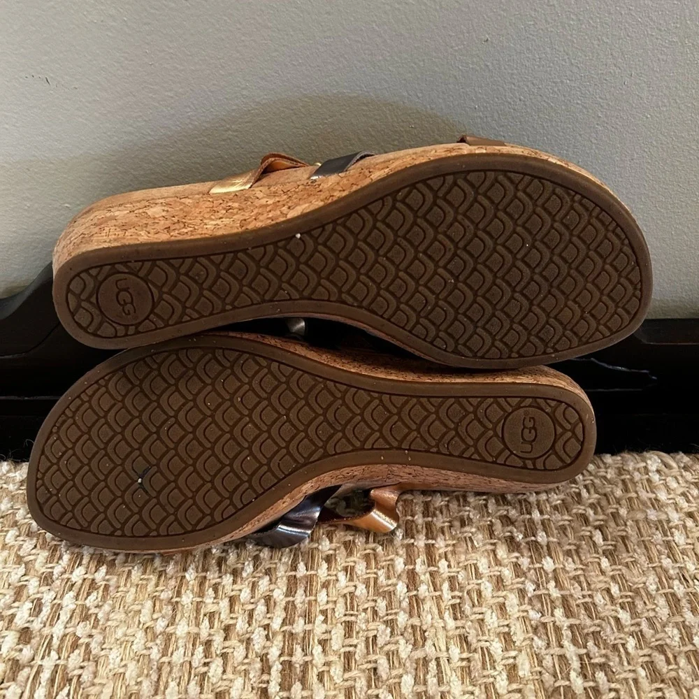 UGG Adalie Metallic Cork Wedge Sandals Size 7.5 Festive Spring Strappy Slip On